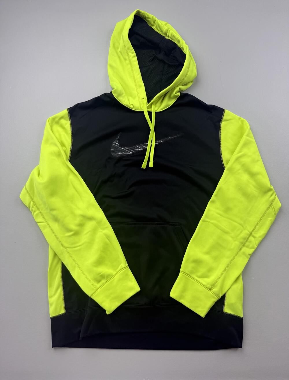 Nike Hoodie Sweatshirt Mens Medium Black Neon Yellow Therma-Fit Fleece Swoosh